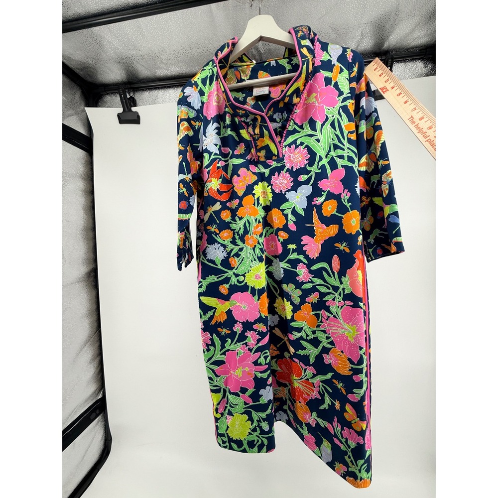 Gretchen Scott Navy Floral Hummingbird Shift Dress L 3/4 Sleeve Pink Trim